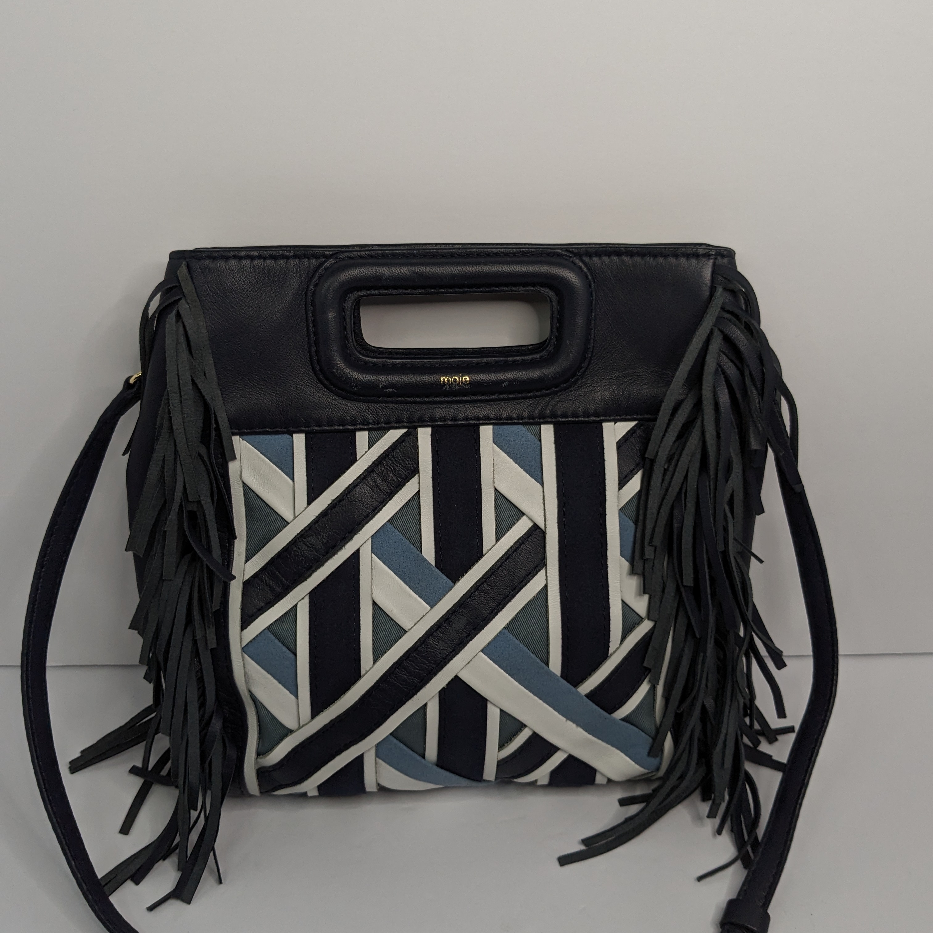 Maje Leather Top Handle Fringed Navy Blue White Crossbody Shoulder Bag Boho